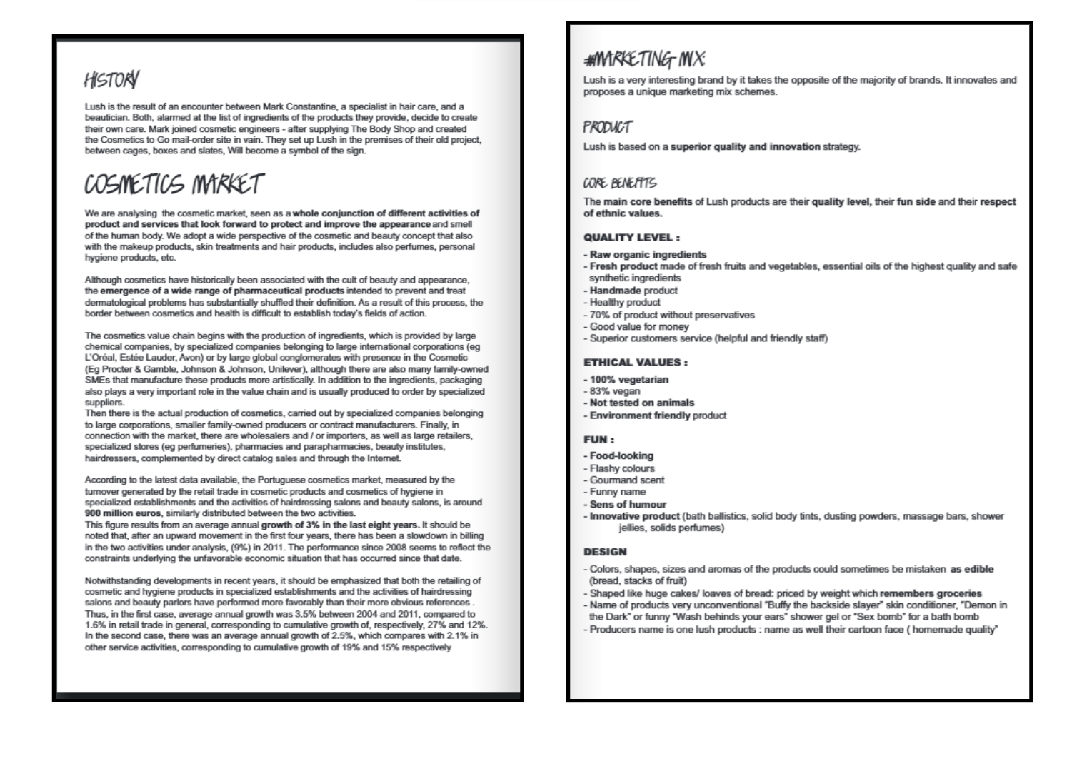 Lush marketing plan showing their market analysis and competitive positioning in the cosmetics industry